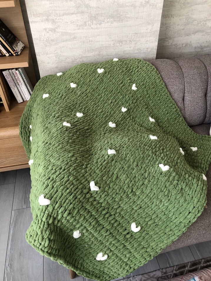 Yeşil Kalp Desenli Örgü Battaniye - Görsel 4