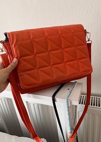 Turuncu Deri Kareli Kadın Çanta - Görsel 9