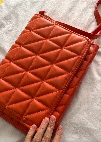 Turuncu Deri Kareli Kadın Çanta - Görsel 11