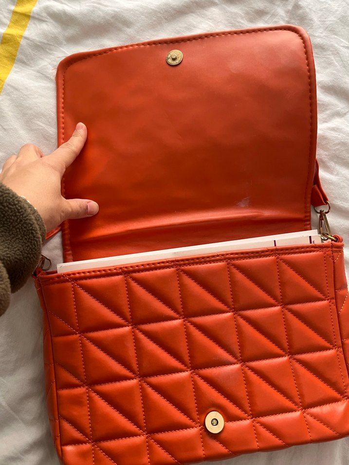 Turuncu Deri Kareli Kadın Çanta - Görsel 5