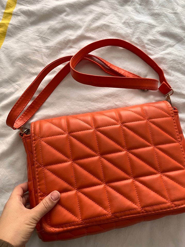 Turuncu Deri Kareli Kadın Çanta - Görsel 2