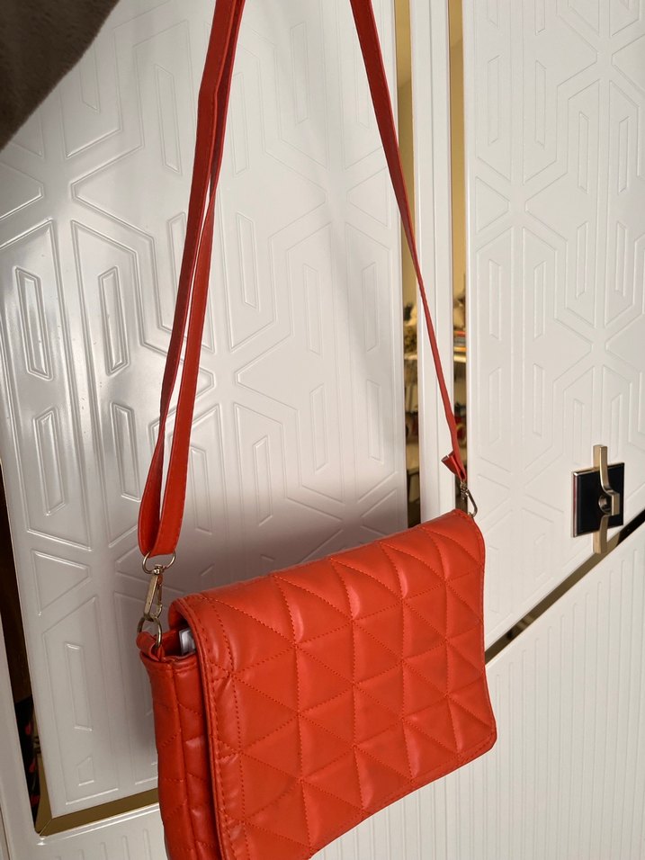 Turuncu Deri Kareli Kadın Çanta - Görsel 4