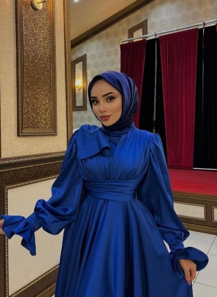 Uzun Kollu Mavi Tesettür Abiye Elbise 
En dip fiyattır. - Görsel 3