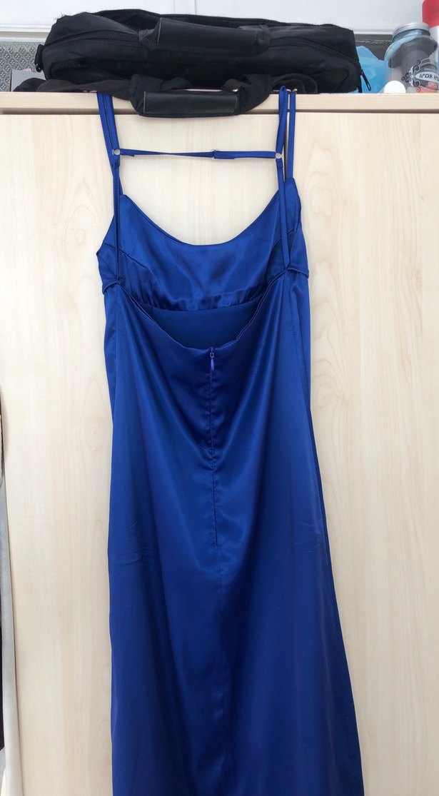 Saks mavisi saten elbise - Görsel 3