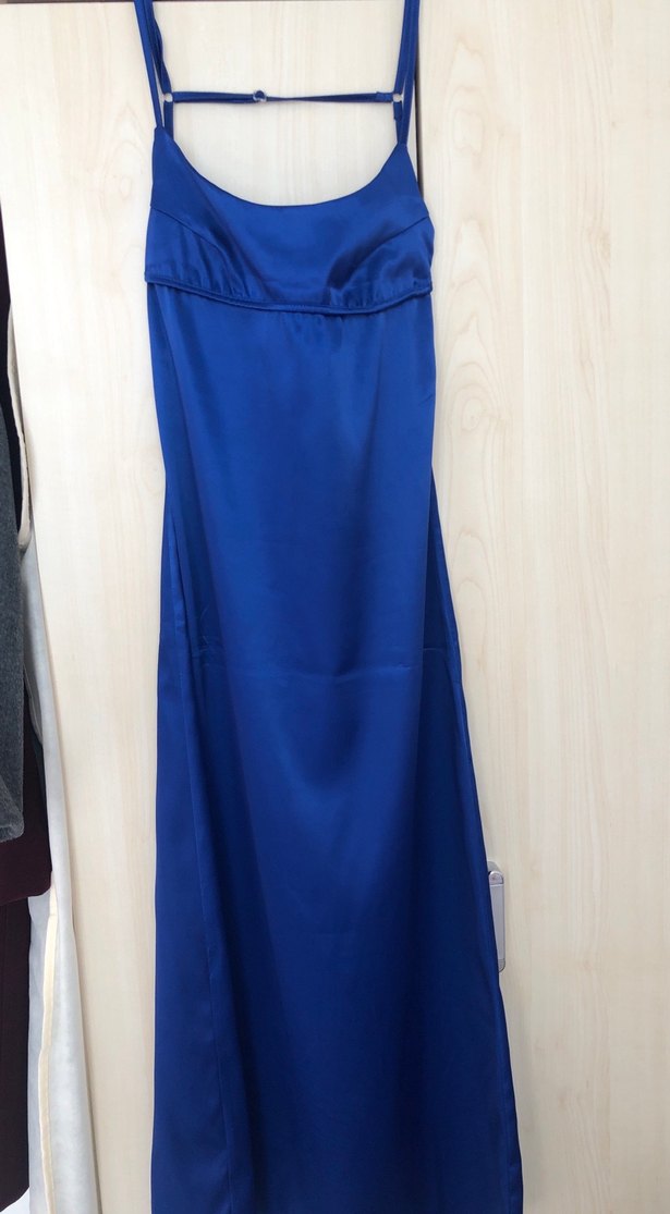 Saks mavisi saten elbise - Görsel 2