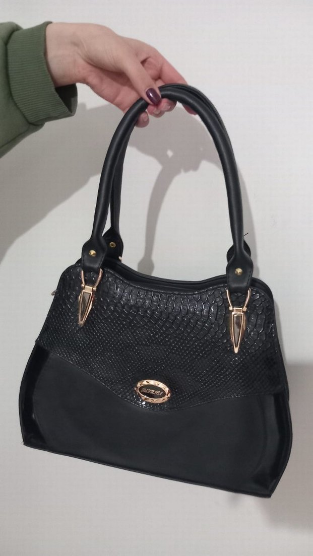 Siyah Parlak Yılan Desenli Deri Kadın Çanta - Görsel 3