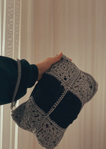 Gri Nakışlı Örgü Kadın Çanta - Görsel 3