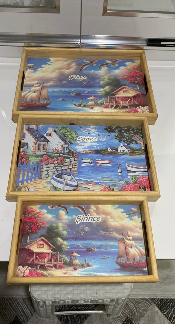 Renkli Sirince Temalı Ahşap Tepsi Seti - Görsel 2