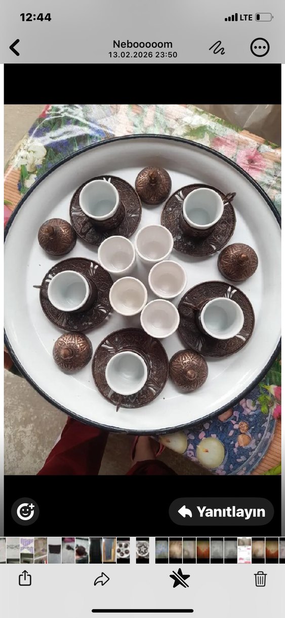 Kahverengi İşlemeli Bakır Türk Kahvesi Fincan Seti - Görsel 2