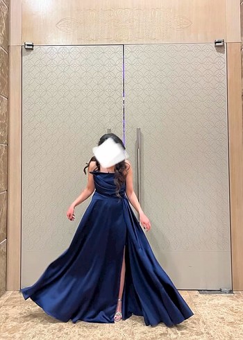 Kadın Lacivert Uzun Drapeli Abiye Elbise - Görsel 2