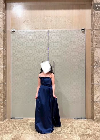 Kadın Lacivert Uzun Drapeli Abiye Elbise - Görsel 5