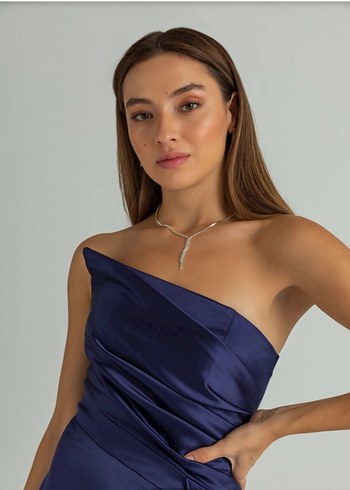 Kadın Lacivert Uzun Drapeli Abiye Elbise - Görsel 3