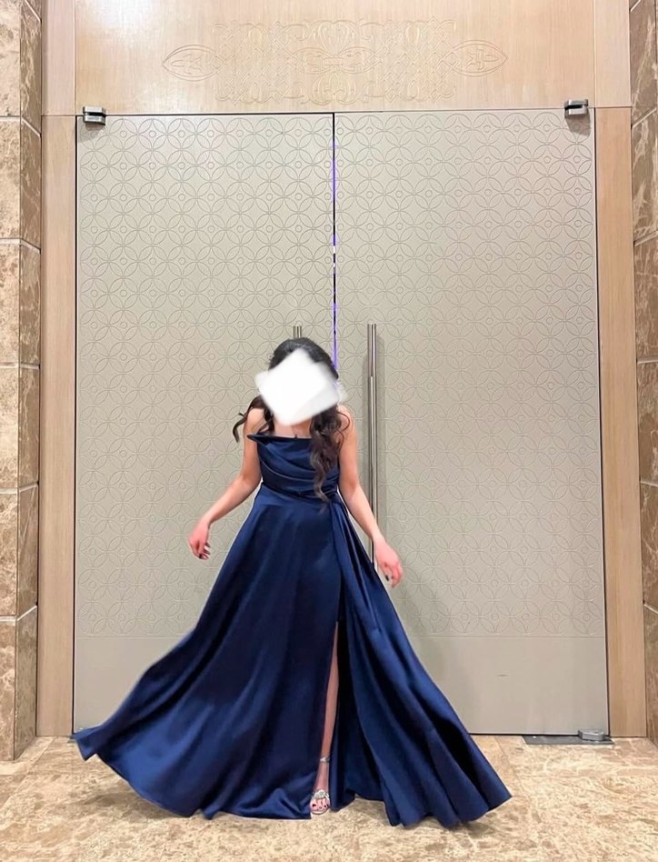 Kadın Lacivert Uzun Drapeli Abiye Elbise - Görsel 2