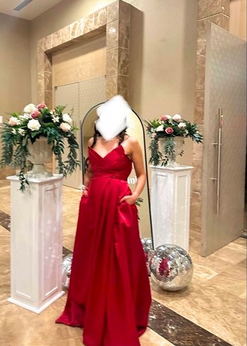 Kırmızı Uzun Drapeli Straplez Abiye Elbise - Görsel 2