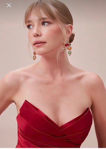 Kırmızı Uzun Drapeli Straplez Abiye Elbise - Görsel 4