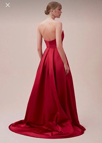 Kırmızı Uzun Drapeli Straplez Abiye Elbise - Görsel 3
