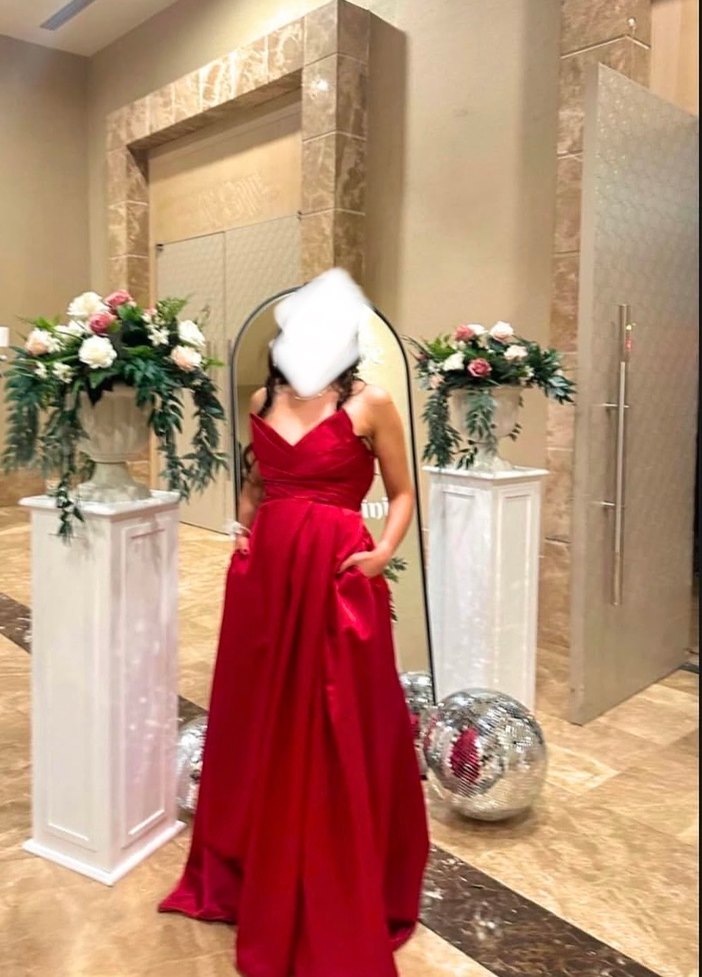 Kırmızı Uzun Drapeli Straplez Abiye Elbise - Görsel 2