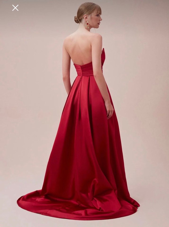 Kırmızı Uzun Drapeli Straplez Abiye Elbise - Görsel 3