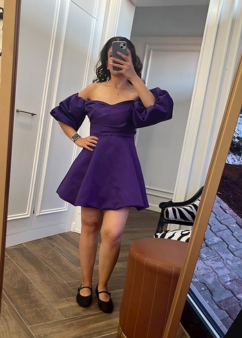 Oleg Cassini Mor Drapeli Balon Kollu Mini Abiye Elbise - Görsel 3