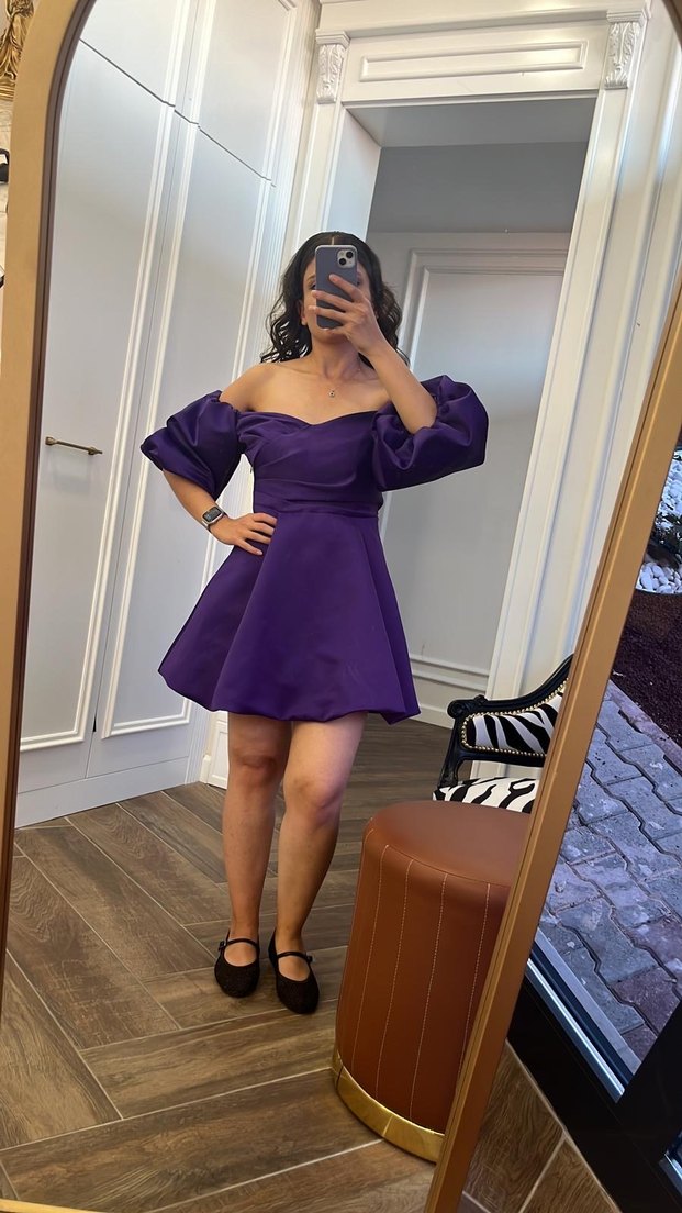 Oleg Cassini Mor Drapeli Balon Kollu Mini Abiye Elbise - Görsel 3