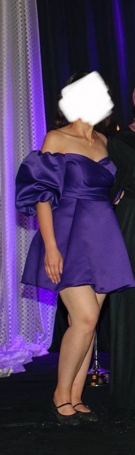 Oleg Cassini Mor Drapeli Balon Kollu Mini Abiye Elbise - Görsel 2