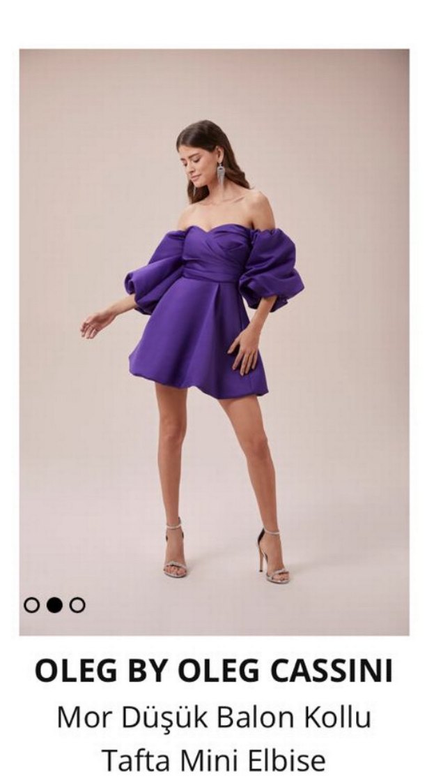 Oleg Cassini Mor Drapeli Balon Kollu Mini Abiye Elbise - Görsel 4