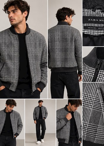 Zara Erkek Gri Ekose Bomber Ceket