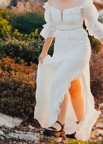 Uzun Beyaz Bohem dış çekim elbise - Görsel 2