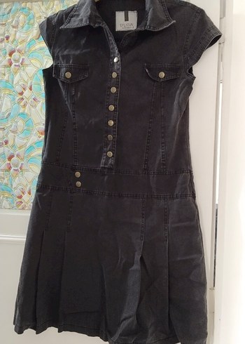 Düğmeli Siyah Kot Midi Elbise - Görsel 2