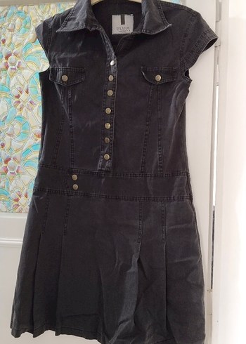 Düğmeli Siyah Kot Midi Elbise - Görsel 3