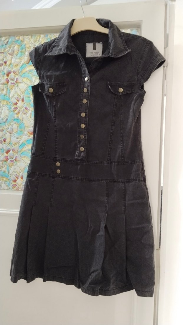 Düğmeli Siyah Kot Midi Elbise - Görsel 2