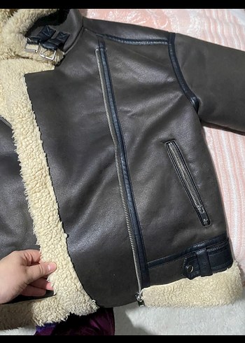 Kürklü Kahverengi Biker Deri Ceket - Görsel 2