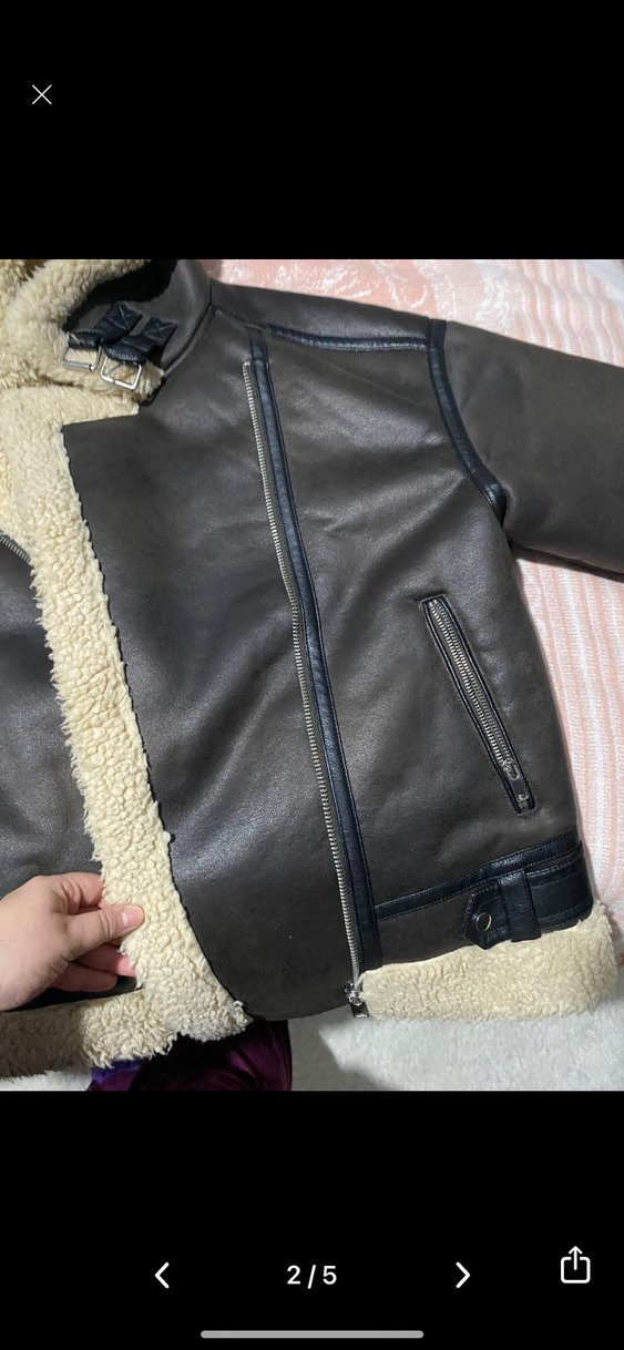 Kürklü Kahverengi Biker Deri Ceket - Görsel 2