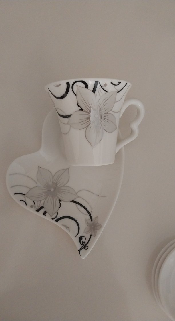 Gri Çiçek Desenli Beyaz Porselen Fincan ve Tabak - Görsel 2