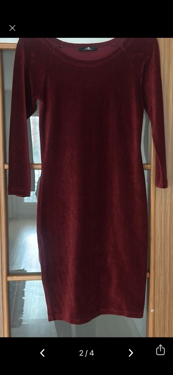 Bordo Kadın Kadife Midi Elbise - Görsel 2