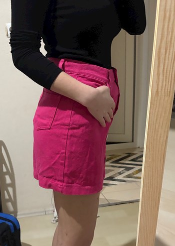 Düğmeli Pembe Mini Etek - Görsel 3