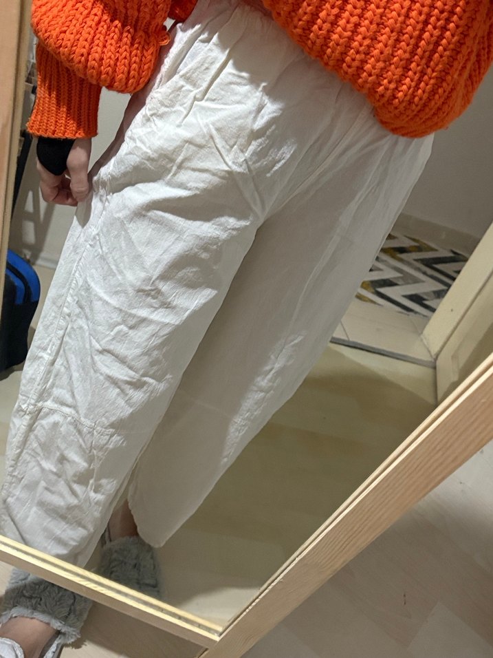 Beyaz Keten Salaş Kadın Pantolon - Görsel 2