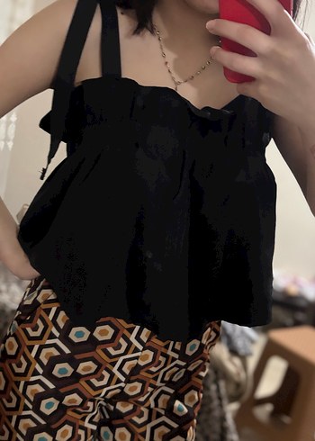 Siyah İp fiyonklu Askılı Mini Bluz - Görsel 3