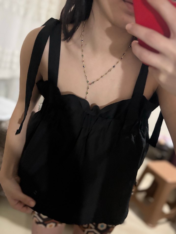 Siyah İp fiyonklu Askılı Mini Bluz - Görsel 2