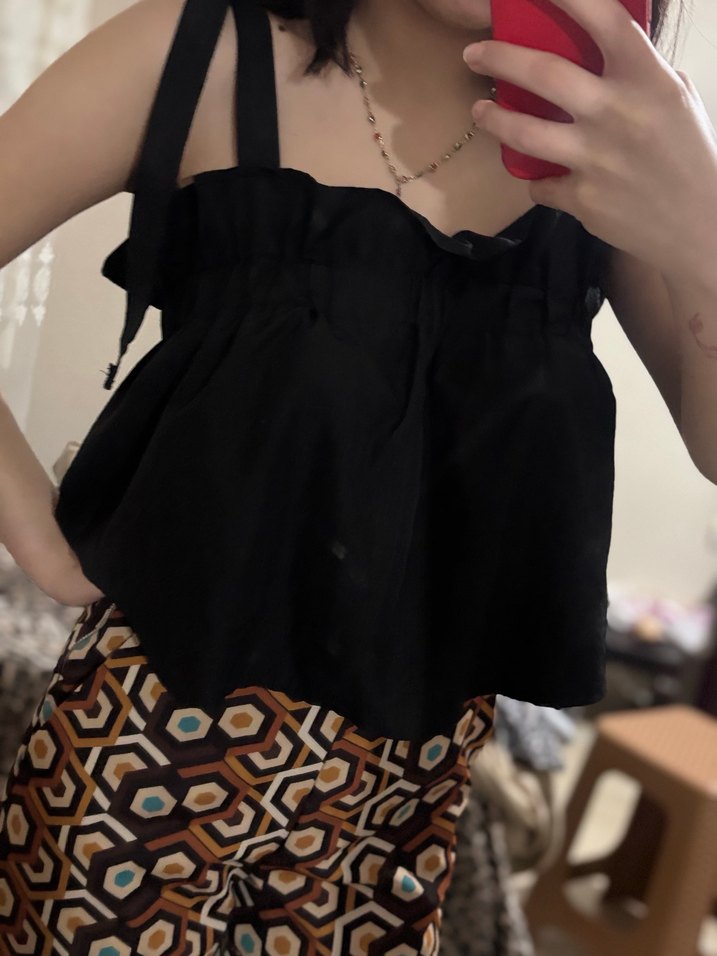 Siyah İp fiyonklu Askılı Mini Bluz - Görsel 3