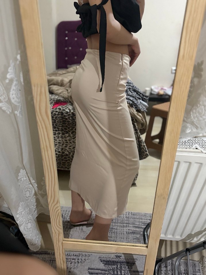 Drapeli Bej Midi Kadın Etek saten - Görsel 2