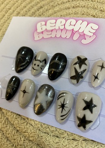 Dark Galaxy 10lu protez jel takma tırnak kısa badem set - Görsel 3