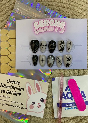 Dark Galaxy 10lu protez jel takma tırnak kısa badem set - Görsel 4