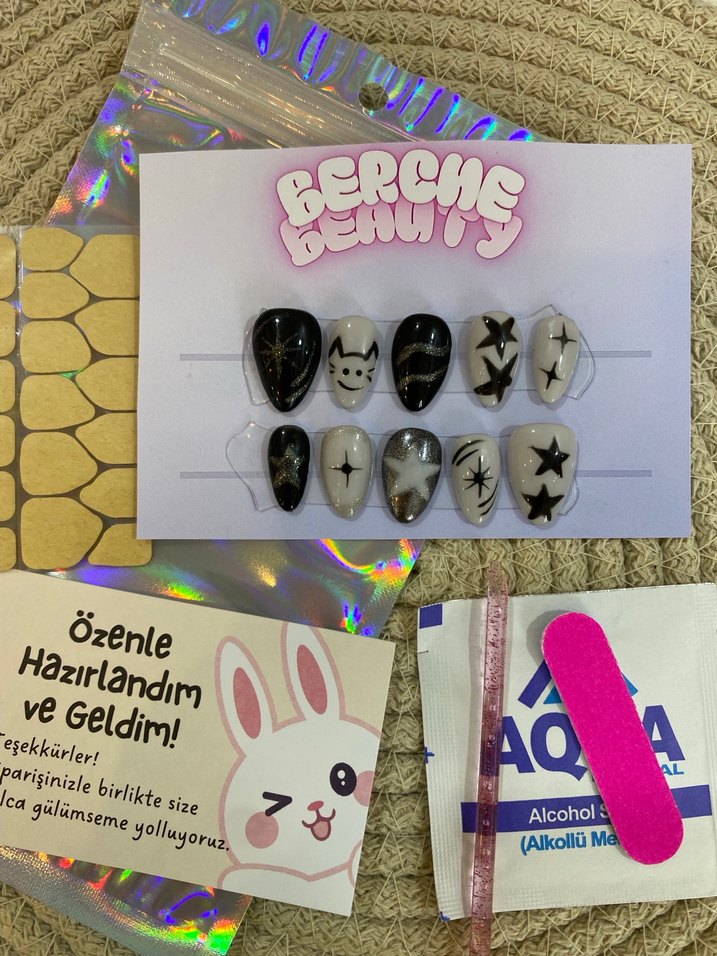 Dark Galaxy 10lu protez jel takma tırnak kısa badem set - Görsel 4