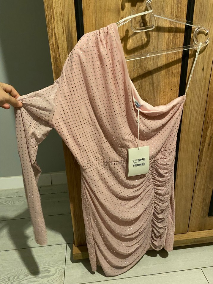 Pudra Pembe Drapeli Tek Omuz Mini Elbise - Görsel 2