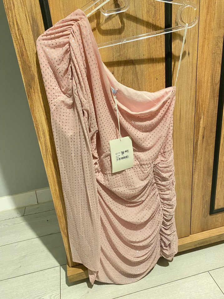 Pudra Pembe Drapeli Tek Omuz Mini Elbise - Görsel 4