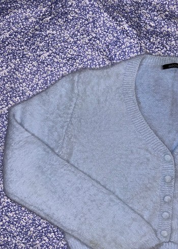 Açık Mavi V Yaka Tüylü Örgü Kadın Hırka - Görsel 2