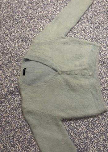 Açık Mavi V Yaka Tüylü Örgü Kadın Hırka - Görsel 5