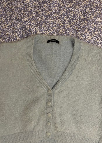 Açık Mavi V Yaka Tüylü Örgü Kadın Hırka - Görsel 6