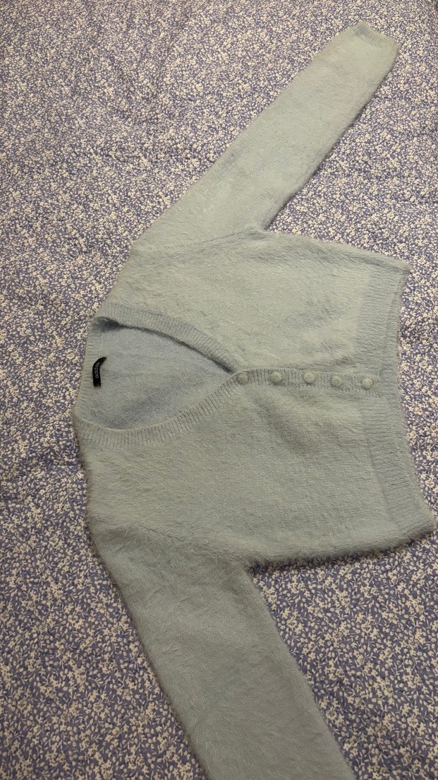 Açık Mavi V Yaka Tüylü Örgü Kadın Hırka - Görsel 5